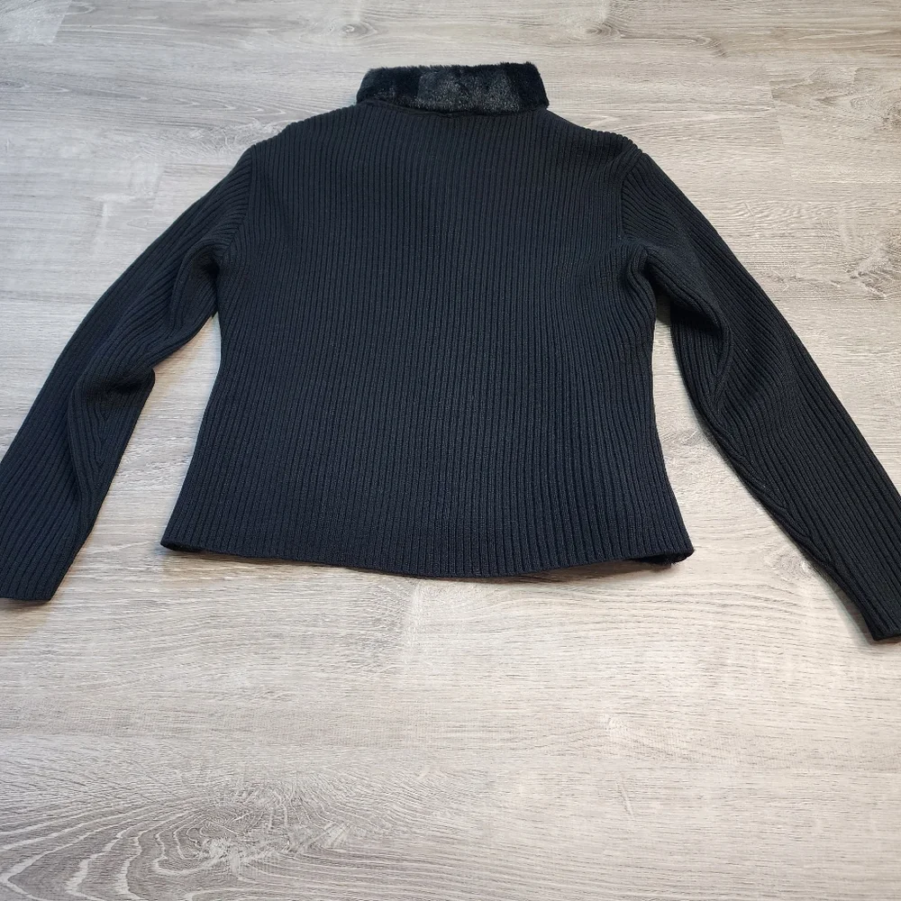 SEEU Black Ribbed Knit Faux Fur Button Down Sweater Jacket - Picture 15 of 16